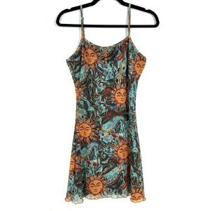 Celestial Sun Face Print Mesh Slip Dress S Lettuce Hem‎ Y2K Boho Festival